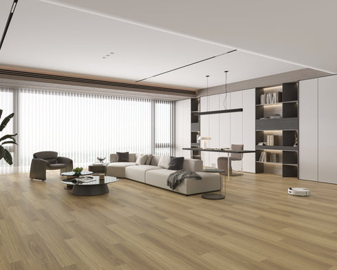 Open-plan lounge with a mid greige-taupe laminate plank floor showing darker streaks