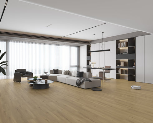 Open-plan lounge with a light greige sand laminate plank floor