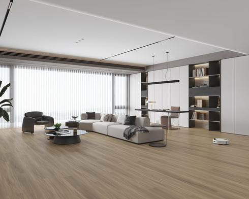 Open-plan lounge with a cool mid grey-taupe laminate plank floor
