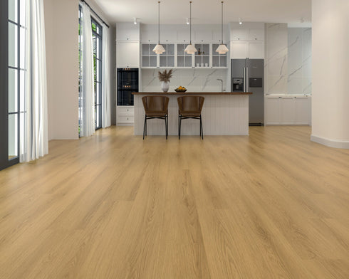 Kitchen with a mid golden honey laminate plank floor