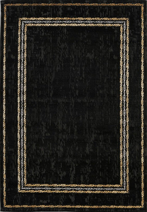 Marmaris 404 black rug with gold border, full view