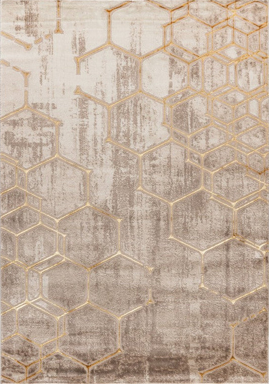 Marmaris 405 beige rug with gold geometric pattern, full view
