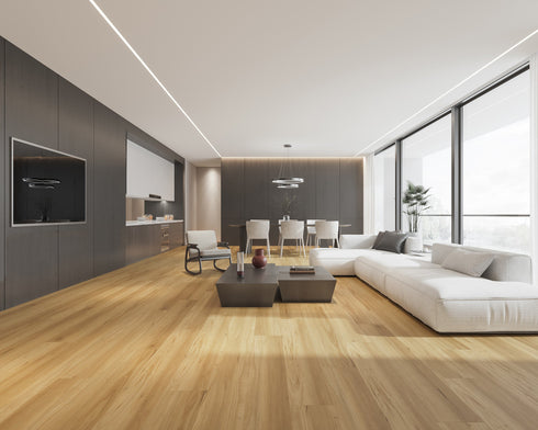 A light to mid golden honey hybrid plank floor in an apartment lounge