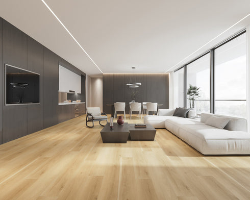 A light warm blonde hybrid plank floor in an apartment lounge