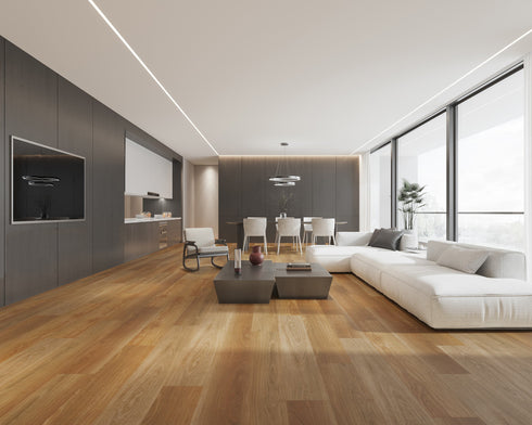 A warm amber orange-brown hybrid plank floor with board-to-board variation in an apartment lounge