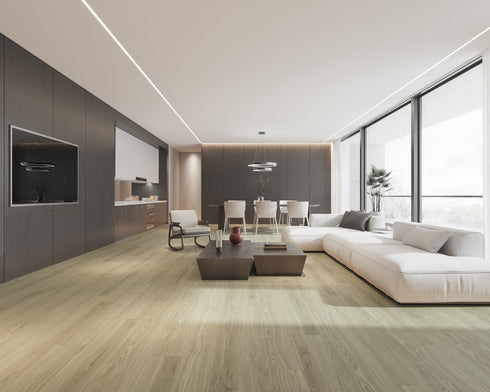 A cool greige hybrid plank floor with a grey-green olive undertone in an apartment lounge