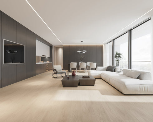 A pale pinkish blonde hybrid plank floor in an apartment lounge