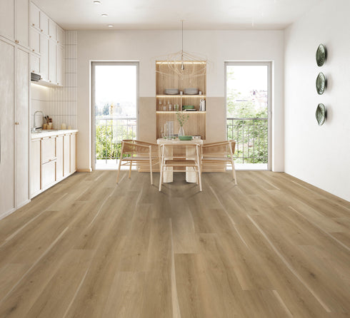 A light to mid tan-beige hybrid plank floor with some knots in a dining room with timber chairs