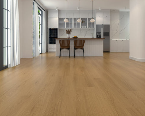 Kitchen with a warm mid honey tan laminate plank floor