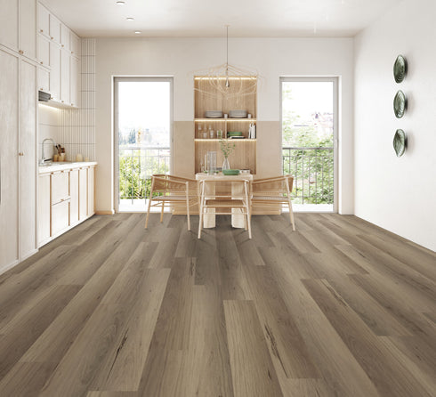 A smoky grey-brown taupe hybrid plank floor with dark streaks in a dining room with timber chairs
