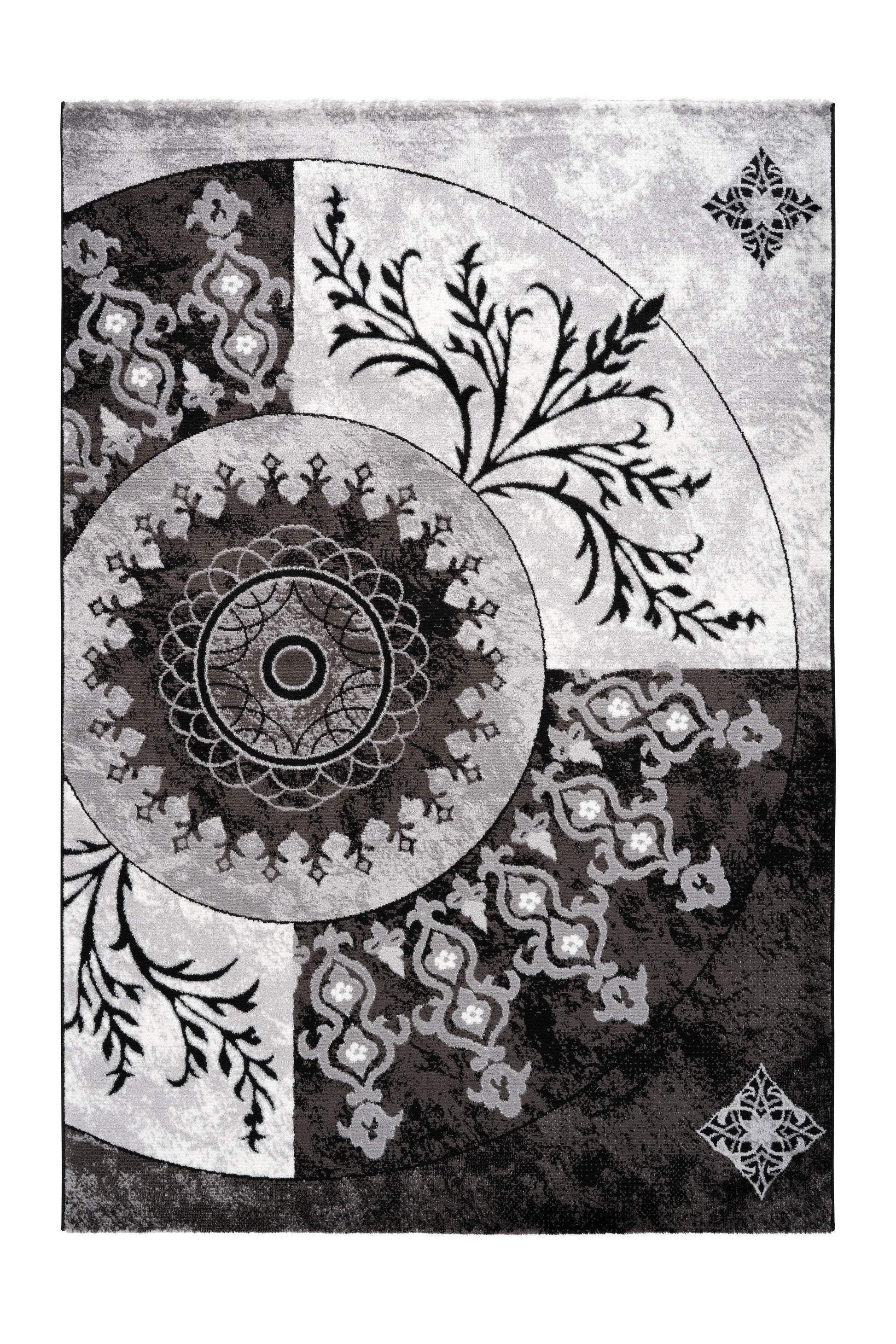 Aura 779 Black and Silver Rug with Circular Floral Design Adore Rugs