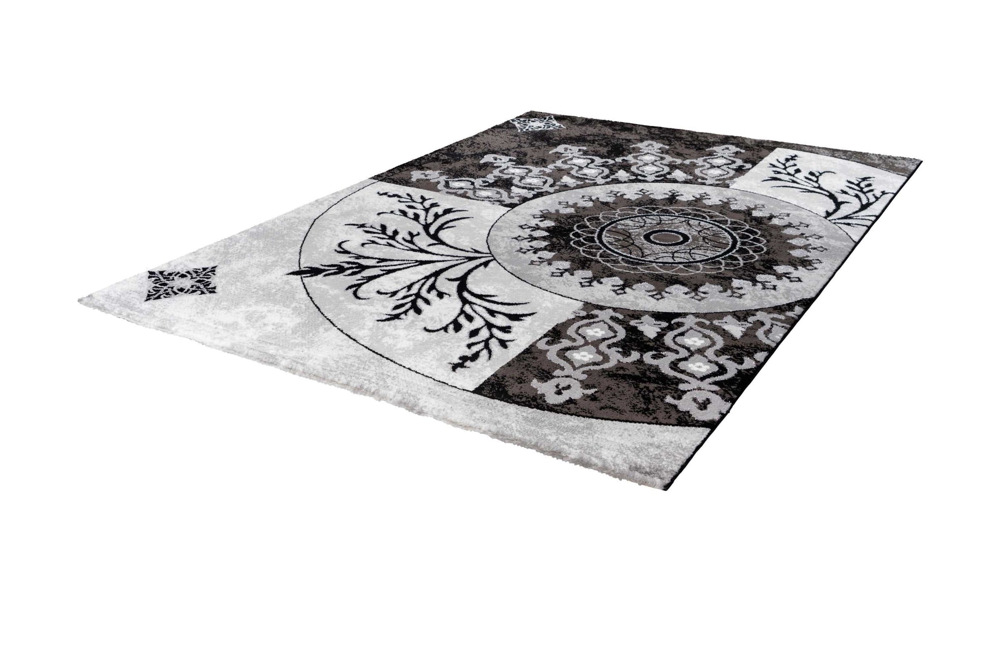 Aura 779 Black and Silver Rug with Circular Floral Design Adore Rugs